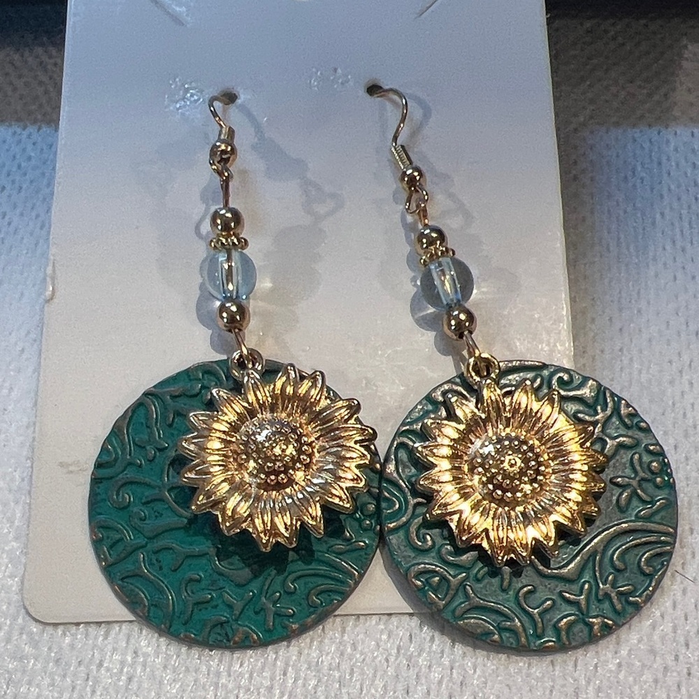 Gold and Teal Sunflower Drop Earrings